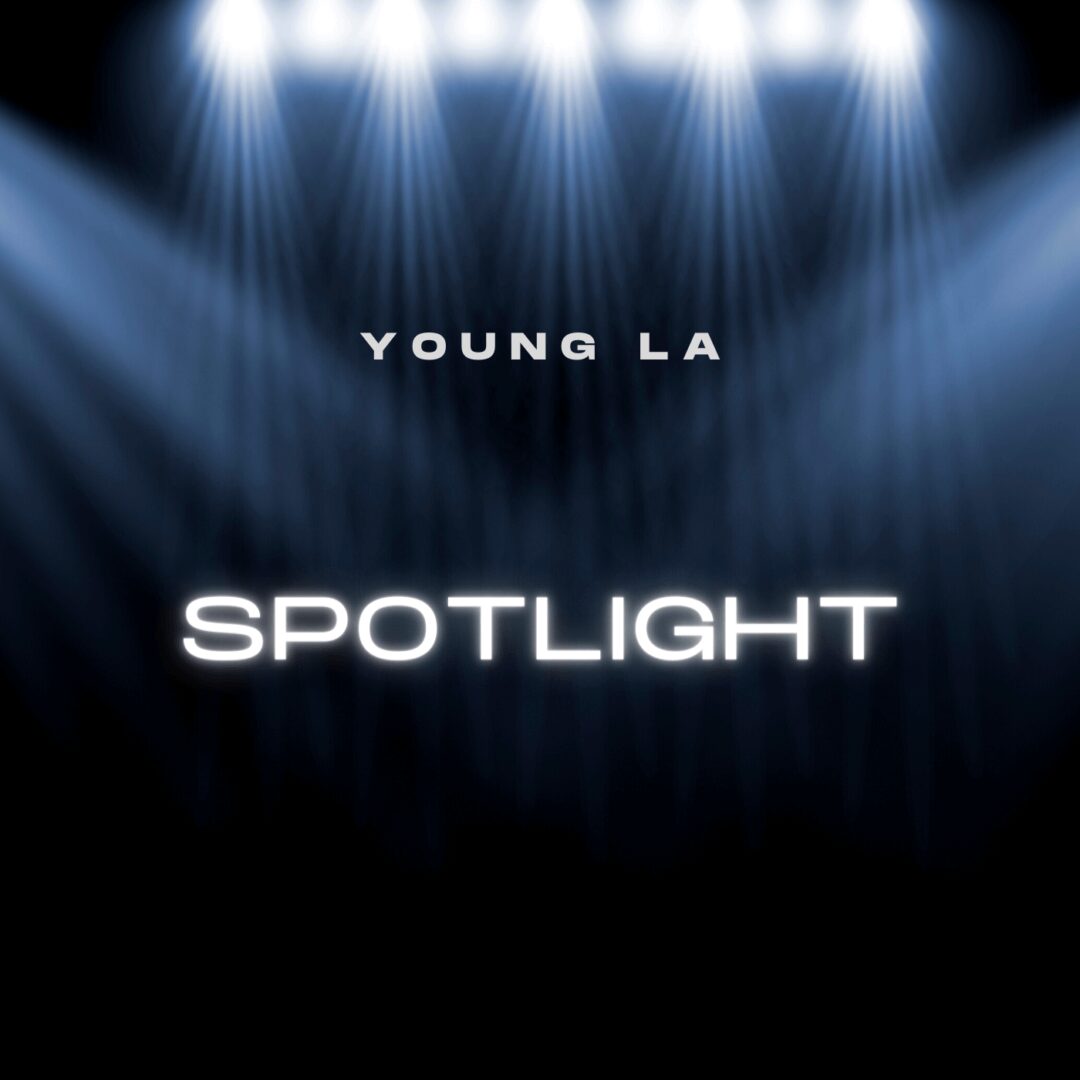 A spotlight lit up in the dark with young la.