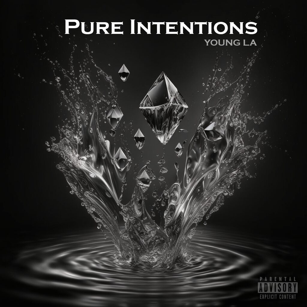 A black and white picture of some water with the words " pure intentions young la ".